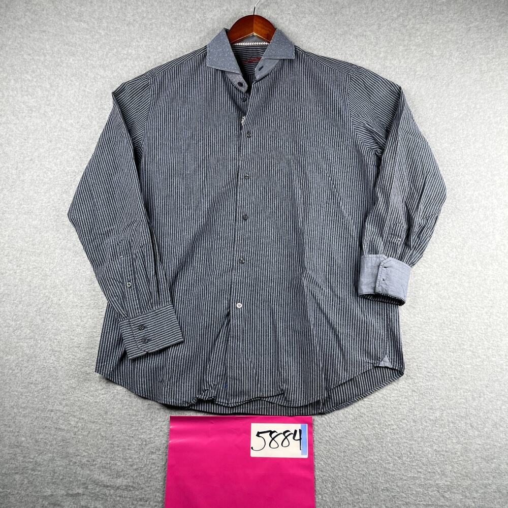 Robert Graham Shirt Large Gray Flip Cuff Striped Button Up Long Sleeve Mens
